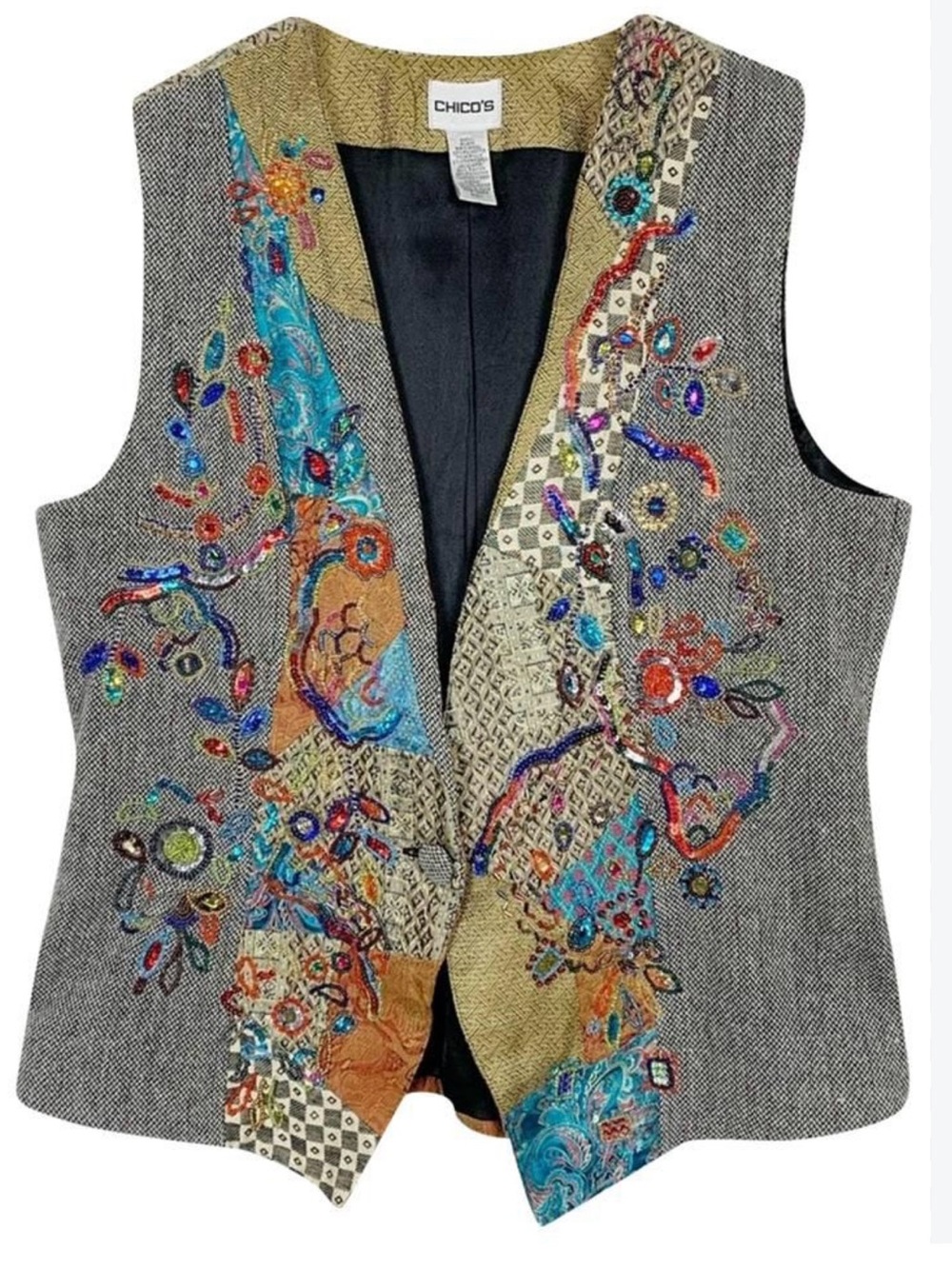 Chico's Gray Vest with Colorful Embroidered & Sequin Accents